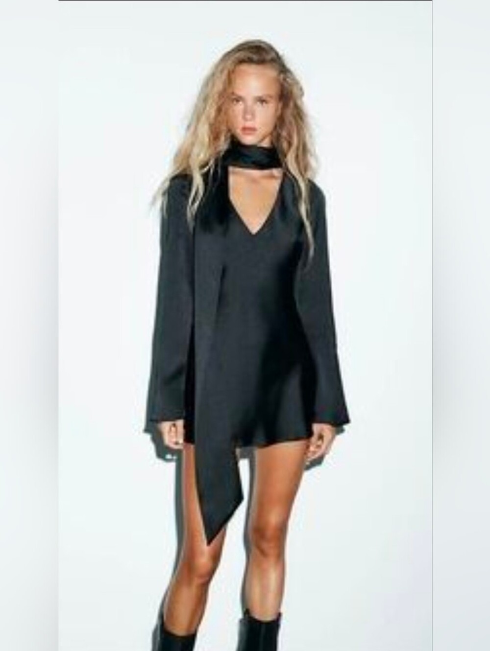ZARA Black Satin Tie Neck Mini Dress Long Bell Sleeve NWT Size S - Picture 12 of 12
